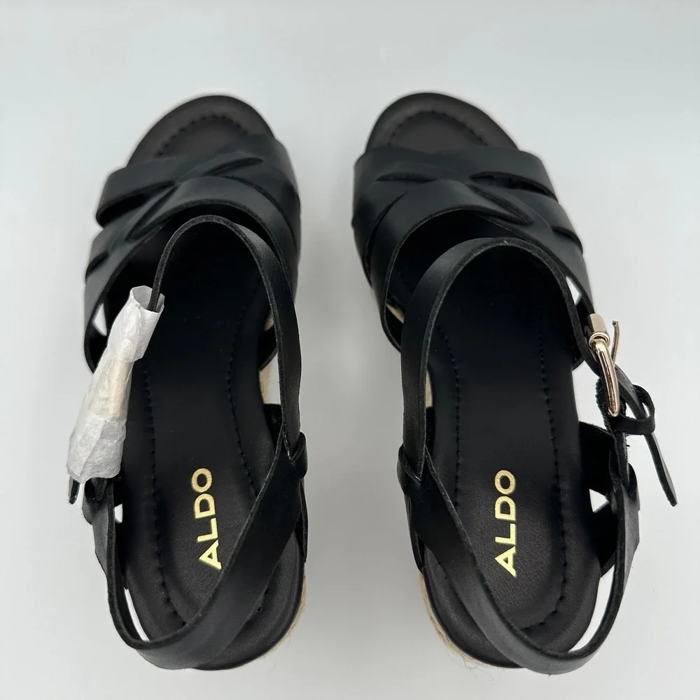 Aldo Meresha Black Espadrille Wedge Sandals Platform Strappy Ankle Strap 7.5